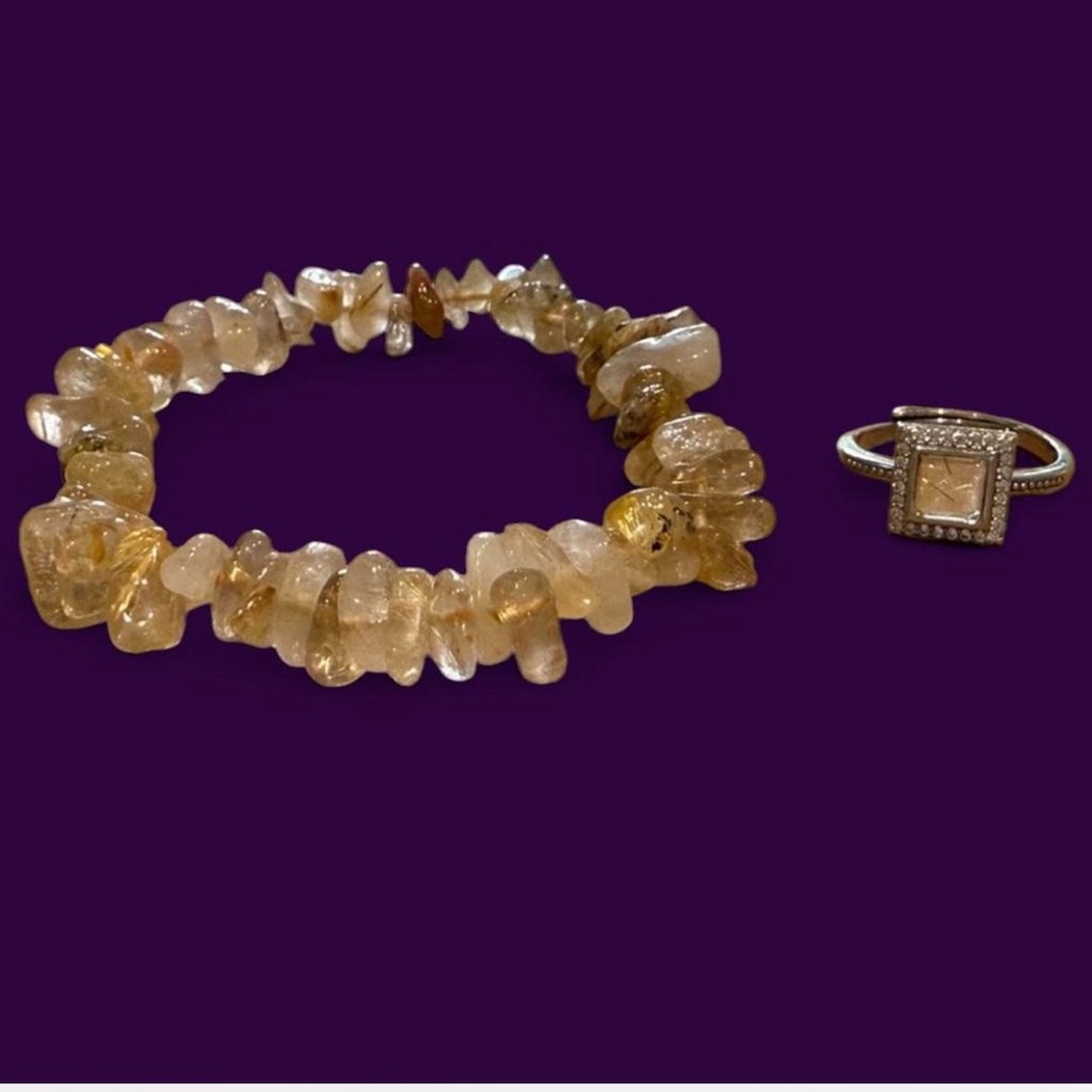 Golden Rutile Chip Bead Bracelet &  Adjustable Ring Jewelry Set!